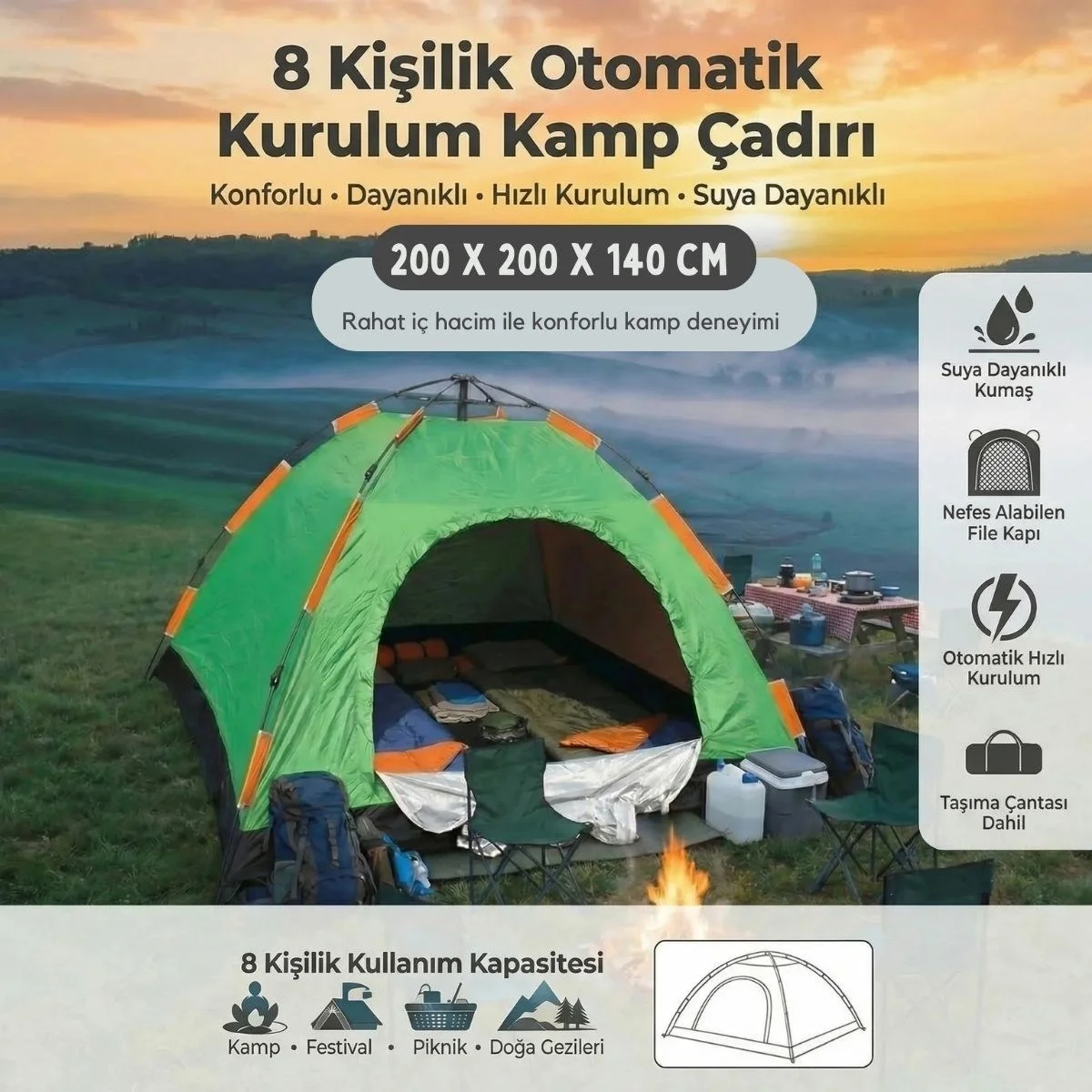 8 kişilik Otomatik Kurulum Kamp Çadırı – Outdoor , Suya Dayanıklı Hızlı Kurulum Piknik Ve Doğa İçin Geniş Aile Çadırı 250x250x165 Cm Bx40 8 kişilik Otomatik Kurulum Kamp Çadırı – Outdoor , Suya Dayanıklı Hızlı Kurulum Piknik Ve Doğa İçin Geniş Aile Çadırı 250x250x165 Cm Bx40