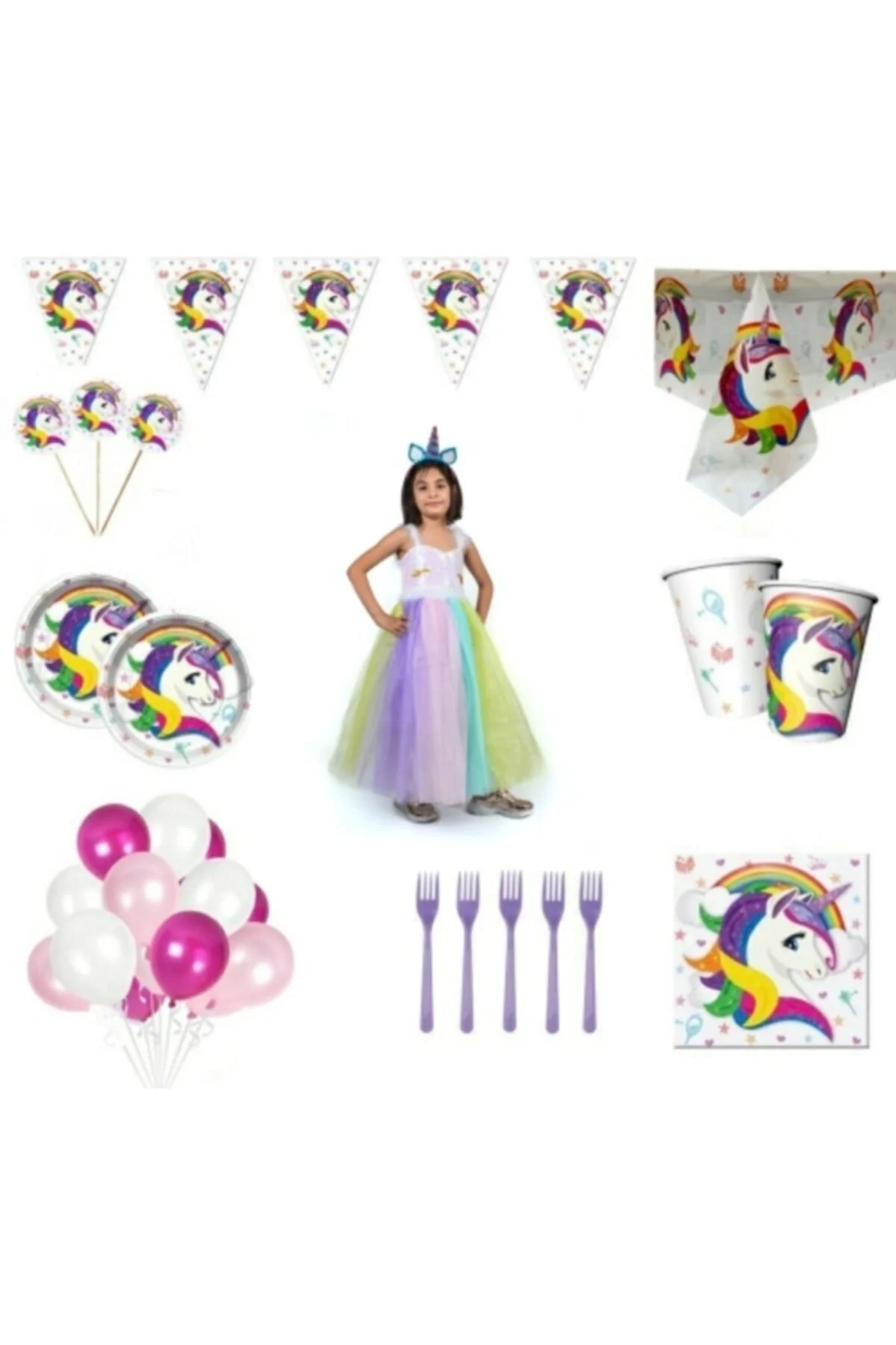 8 Kişilik Unicorn Kostümlü Doğum Günü Seti
