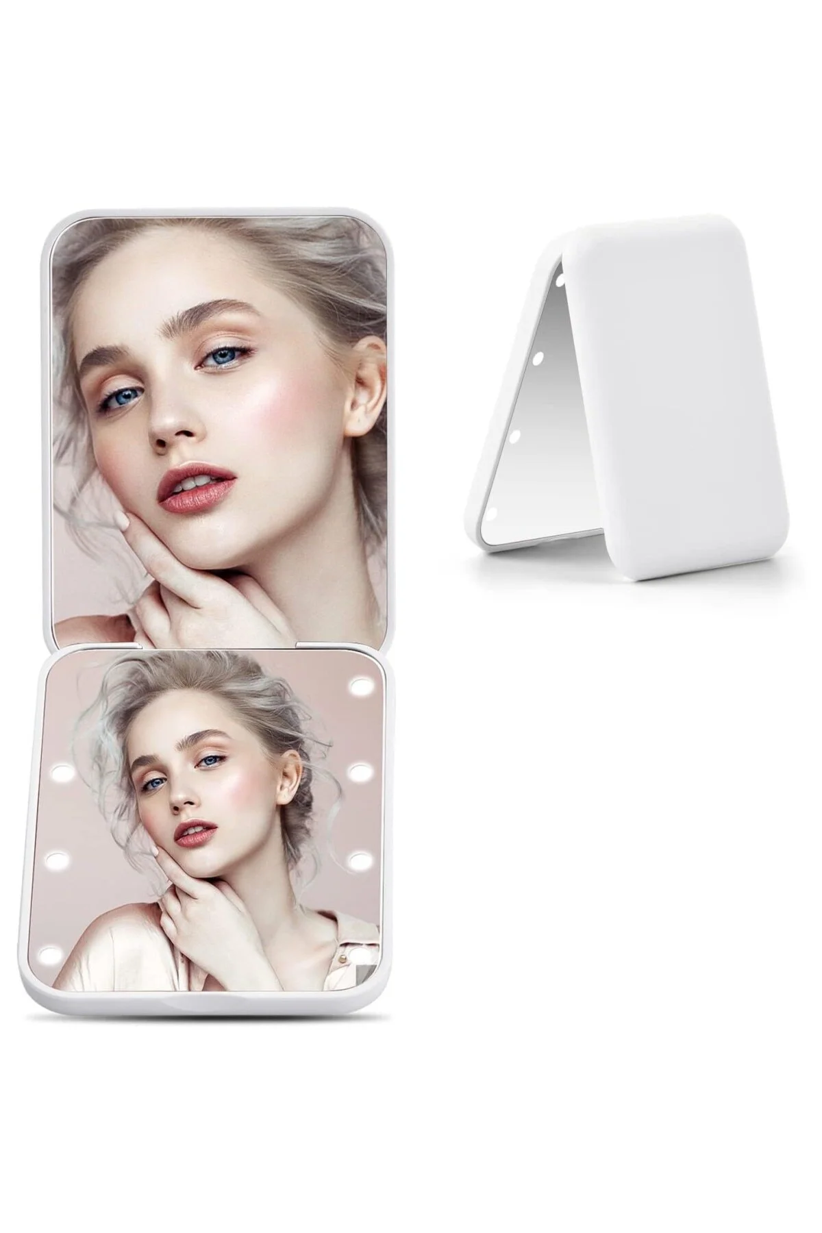 8 LED Işıklı Cep Çanta Cüzdan Makyaj Aynası - 1X 3X Yakınlaştırma