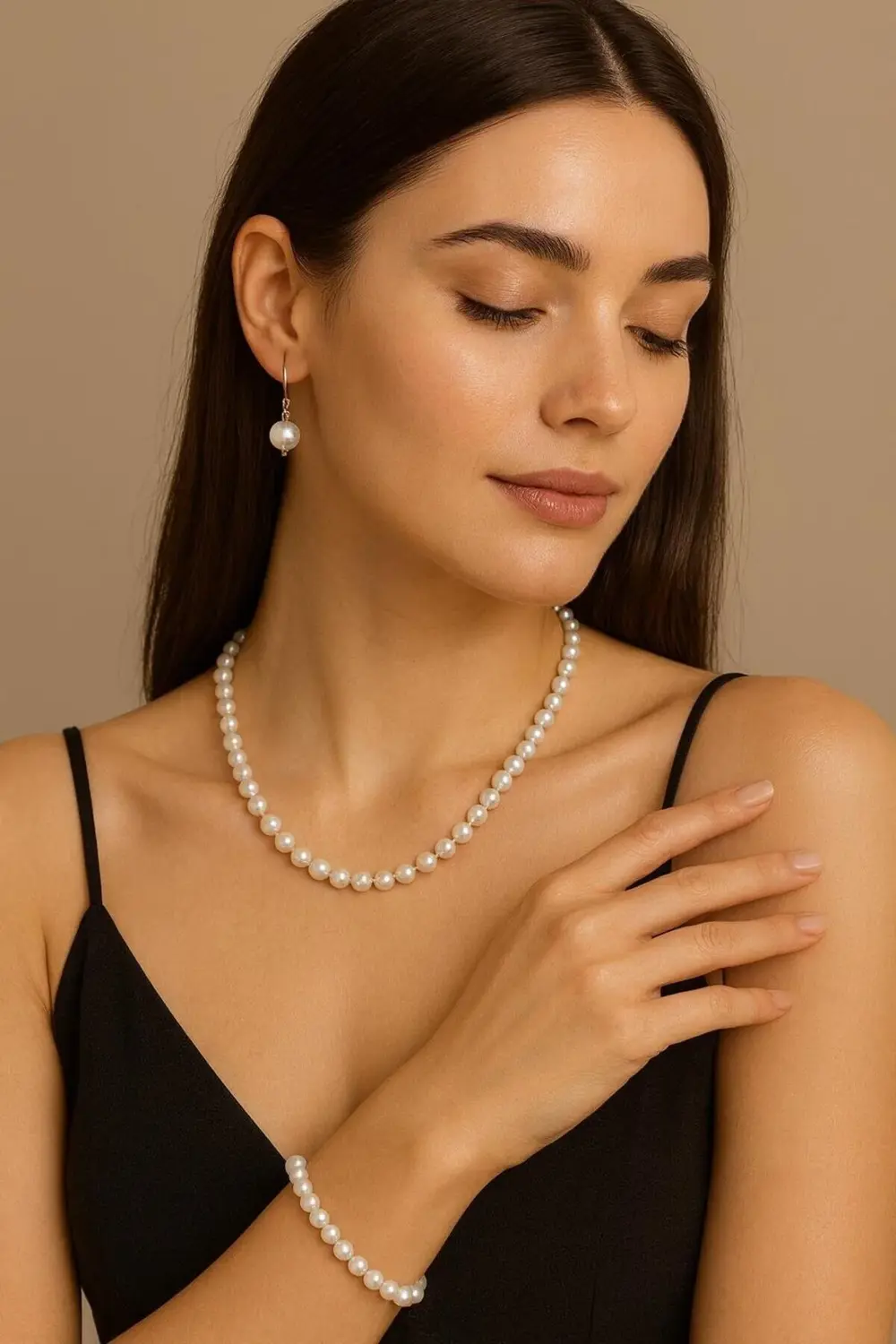 8 MM LÜX BEYAZ İNCİ KOLYE BİLEKLİK KÜPE KADIN TAKI SETİ