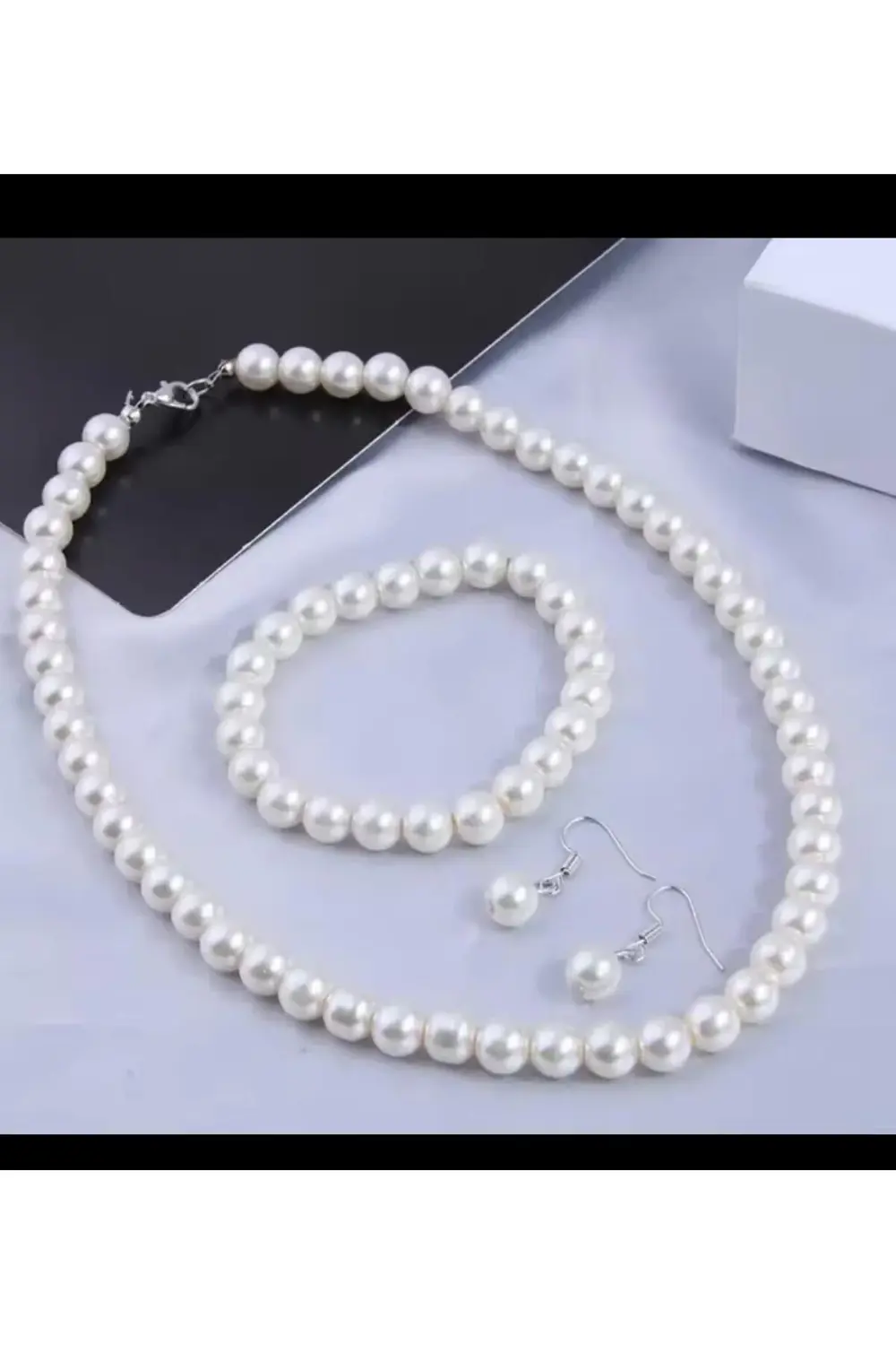 Arescollection 8 Mm Lüx Beyaz İnci Kolye Bileklik Küpe Kadin Taki Seti