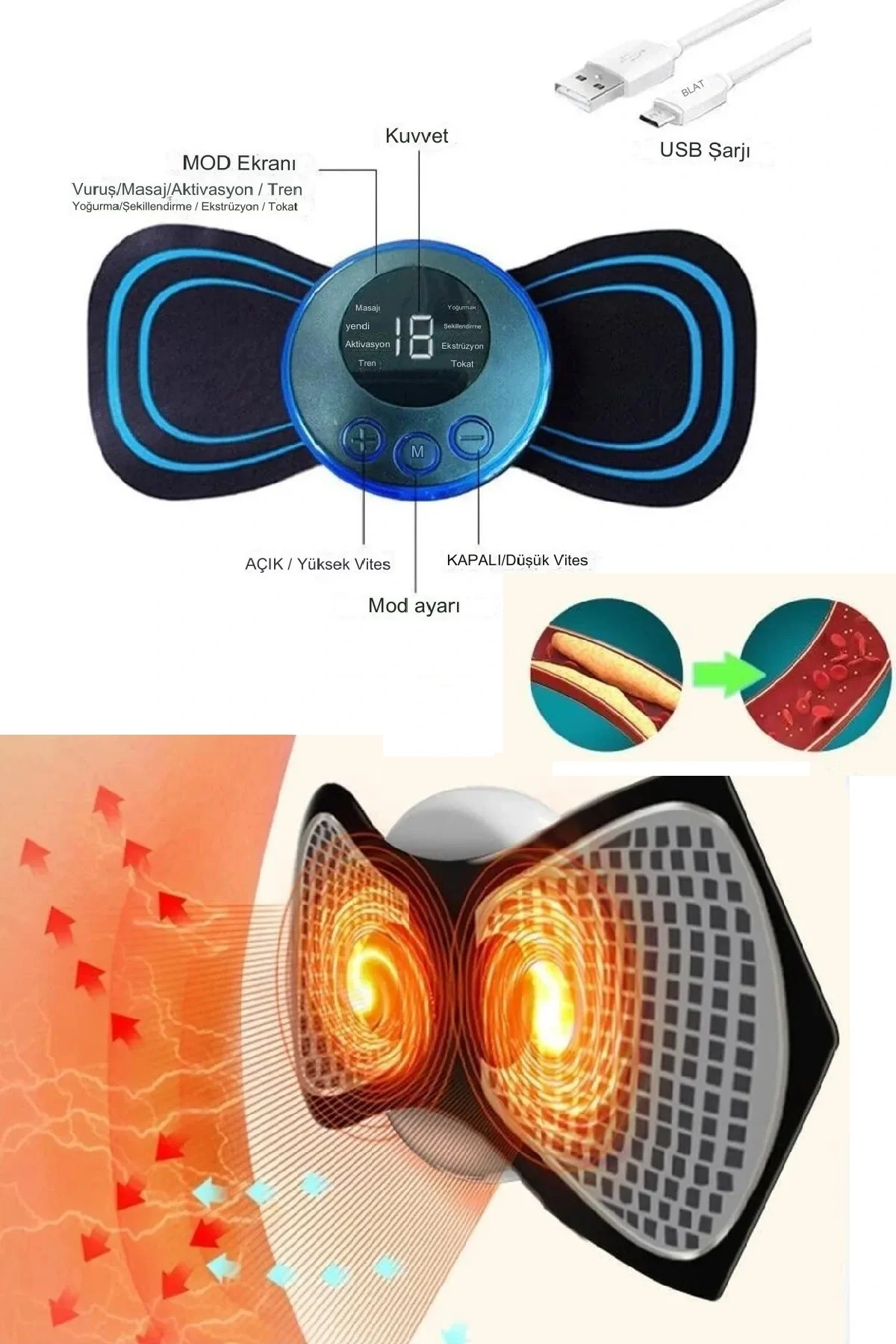 8 Modlu Mini Şarjlı Kelebek LCD Ekran Ems Boyun Omuz Kol Sırt Ele