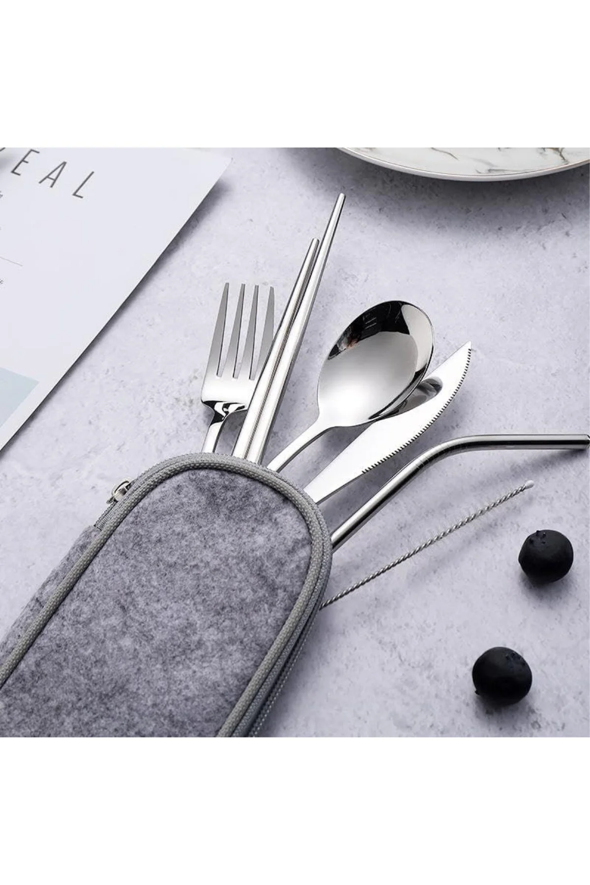 8 Parça Çantalı Yolculuk Çatal Bıçak Kaşık Pipet Chopstick Seti K