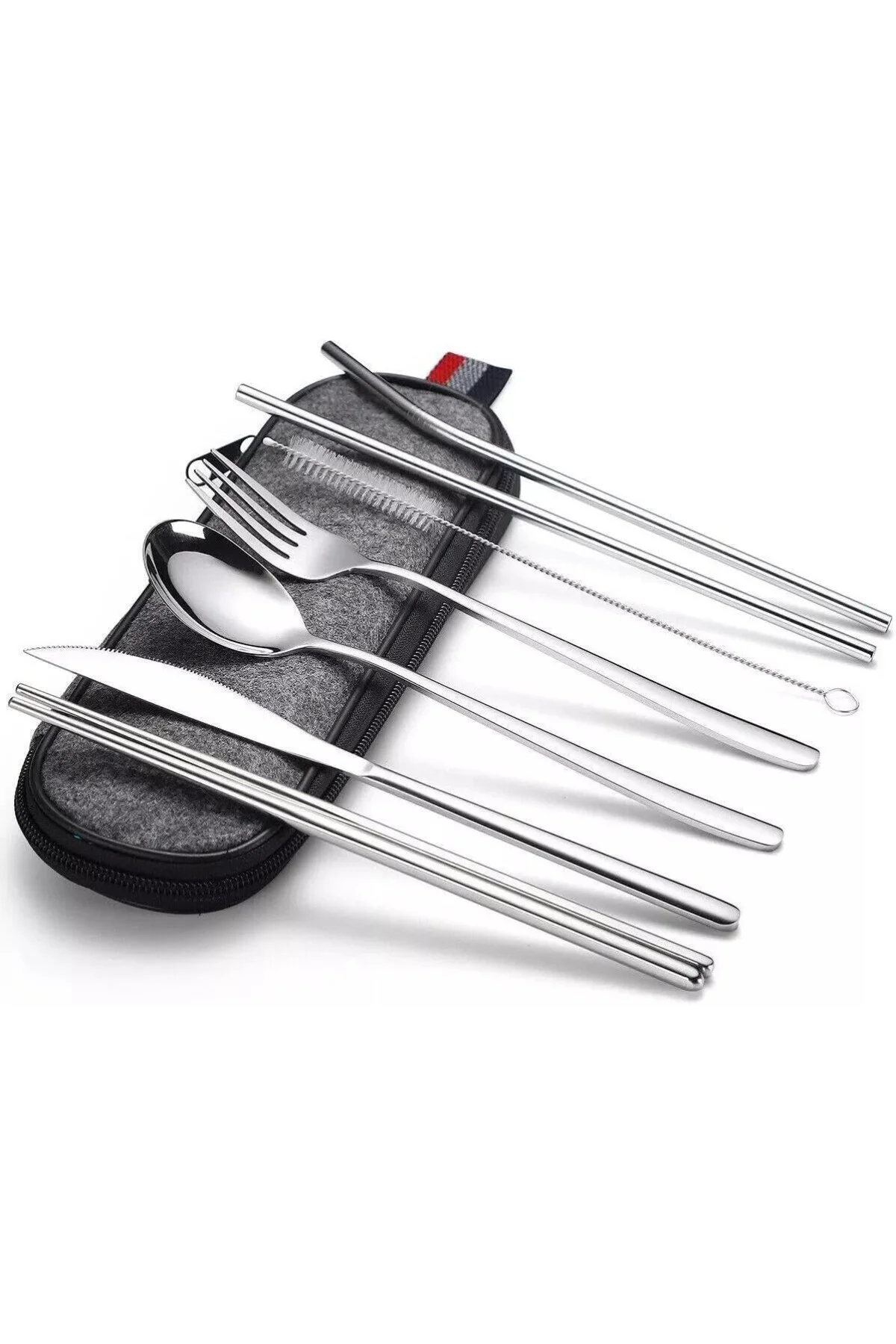 8 Parça Çantalı Yolculuk Çatal Bıçak Kaşık Pipet Chopstick Seti K