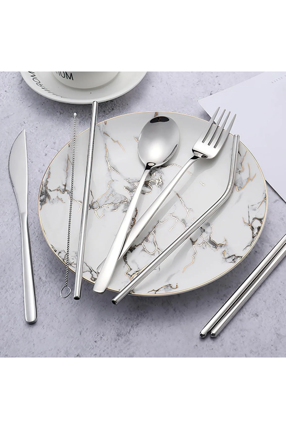 8 Parça Çantalı Yolculuk Çatal Bıçak Kaşık Pipet Chopstick Seti K