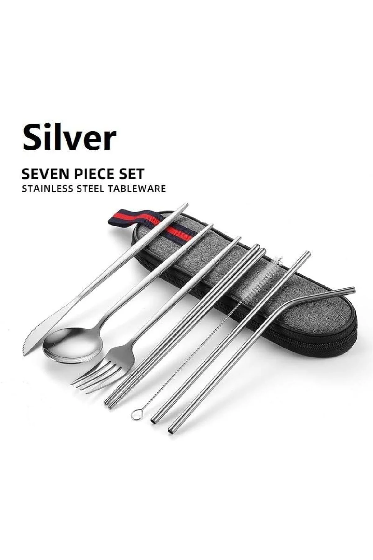 8 Parça Çantalı Yolculuk Çatal Bıçak Kaşık Pipet Chopstick Seti K