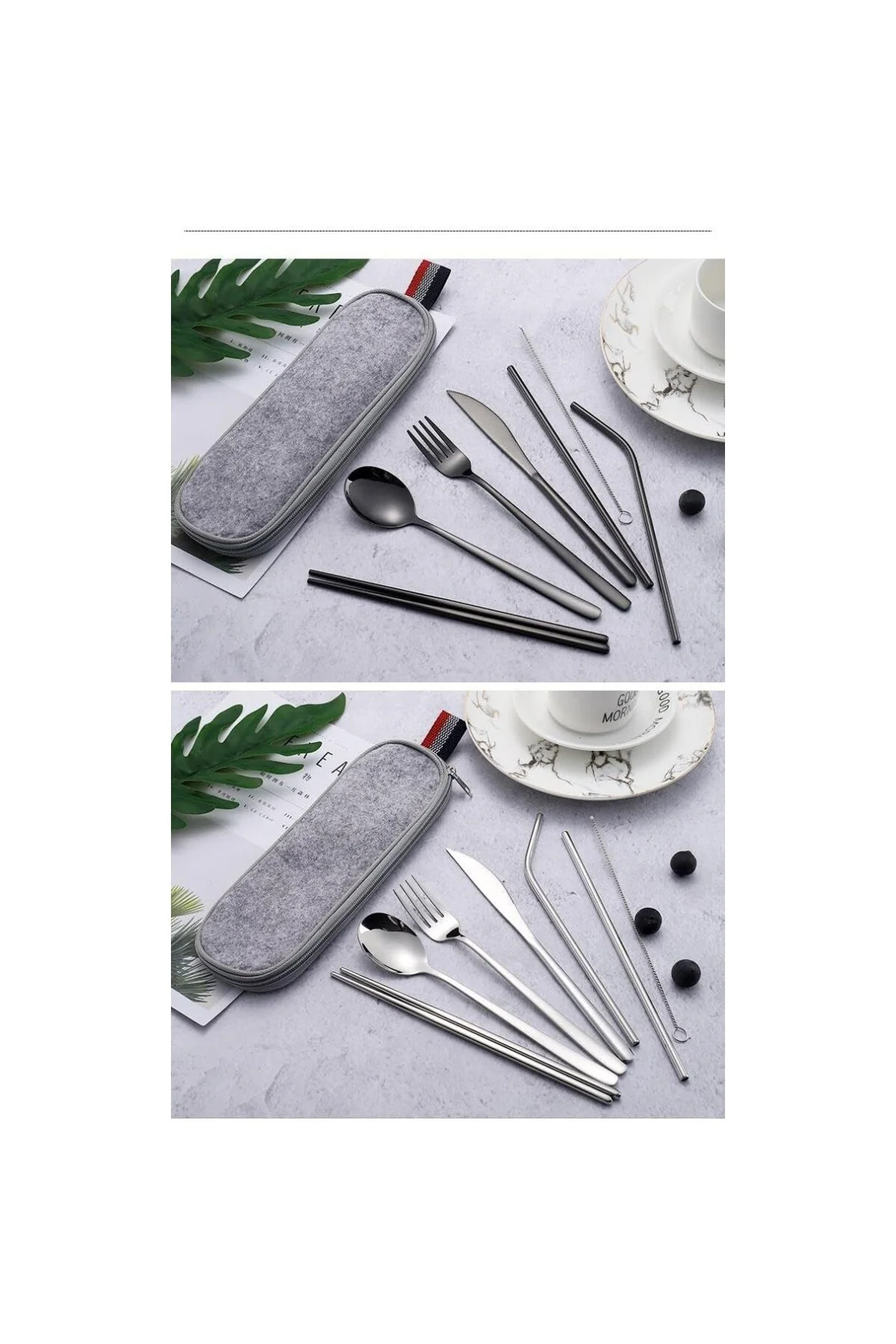 8 Parça Çantalı Yolculuk Çatal Bıçak Kaşık Pipet Chopstick Seti K