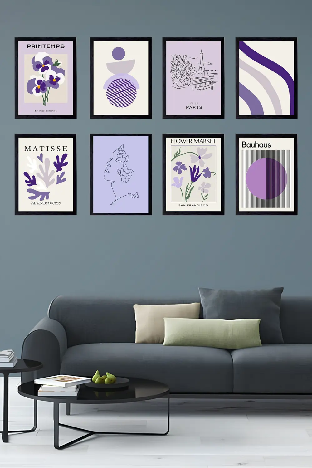 8' Parça Çerçeve Görünümlü Modern MDF Tablo Seti- Salon, Oturma O