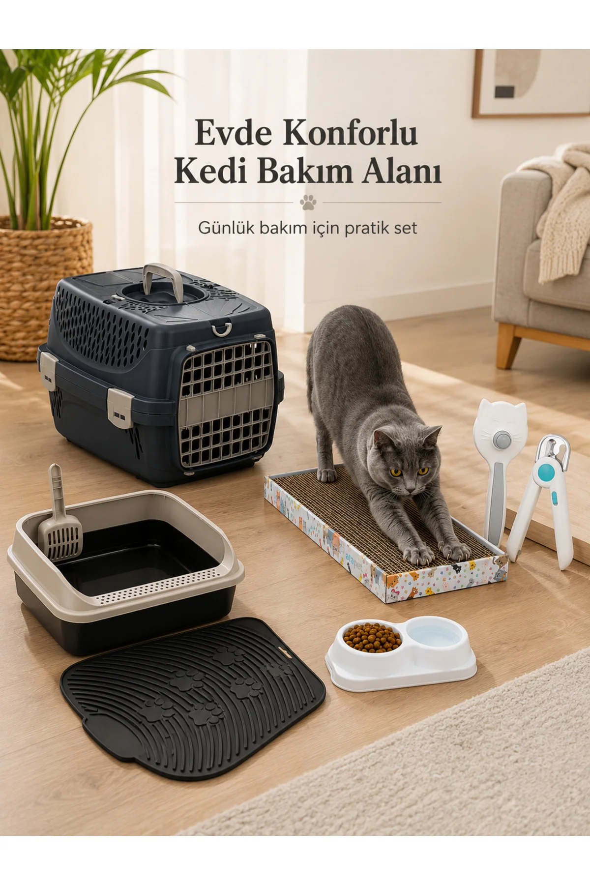 8 Parça Kedi Başlangıç Seti Taşıma Çantası Açık Tuvalet Tarak Tırnak Makası Paspas Mama Kabı Tırmalama