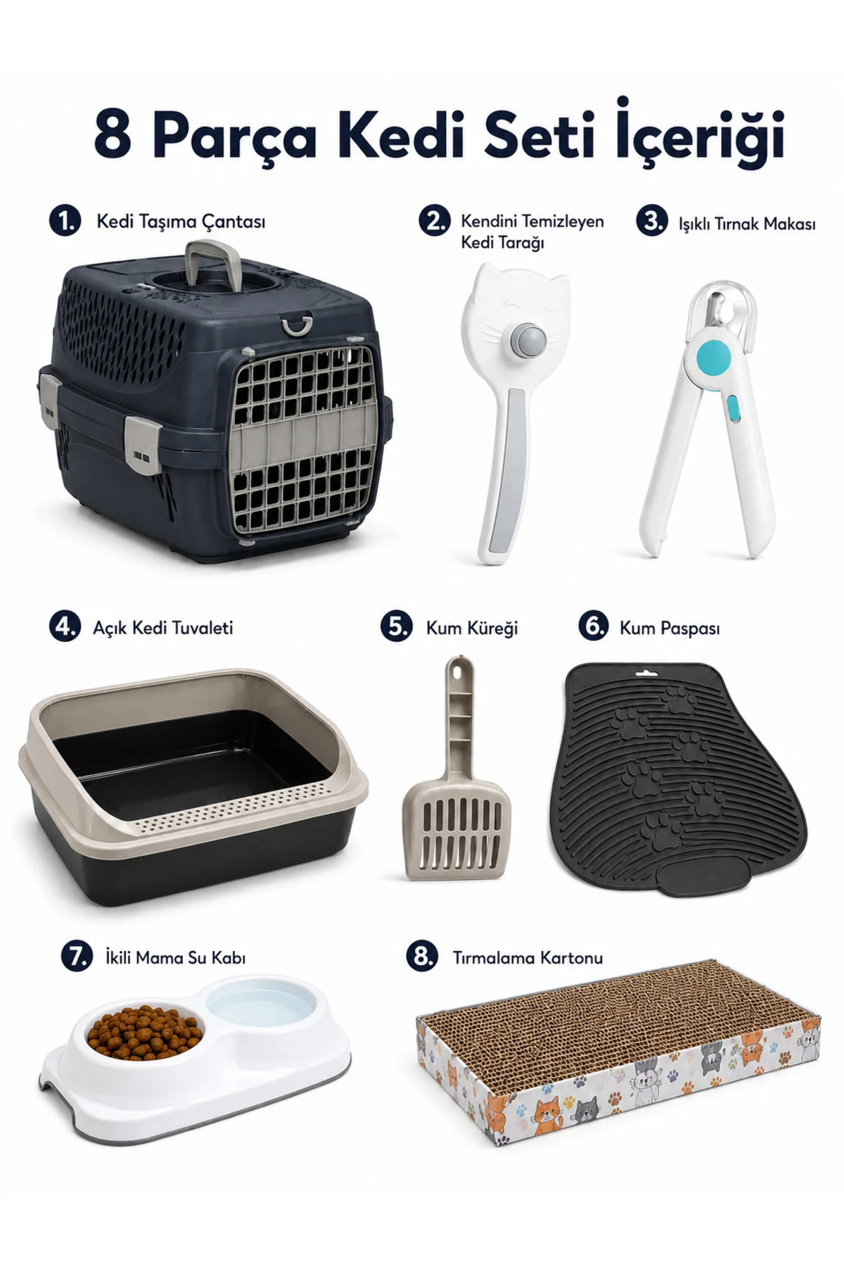 8 Parça Kedi Başlangıç Seti Taşıma Çantası Açık Tuvalet Tarak Tırnak Makası Paspas Mama Kabı Tırmalama