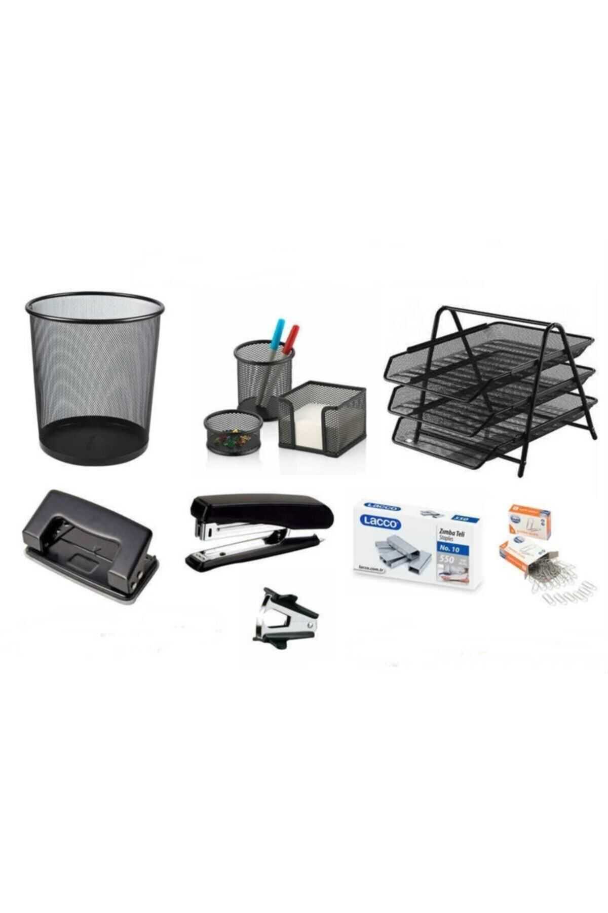 8 Parça Ofis Seti  Evrak Rafı - Delgeç - Çöp Kovası - Daksil - At