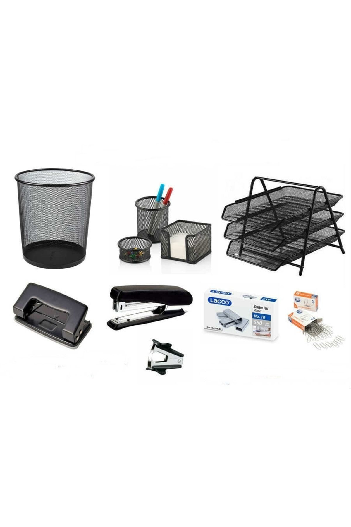 Kraf 8 Parça Ofis Seti Evrak Rafı - Delgeç - Çöp Kovası - Daksil - At