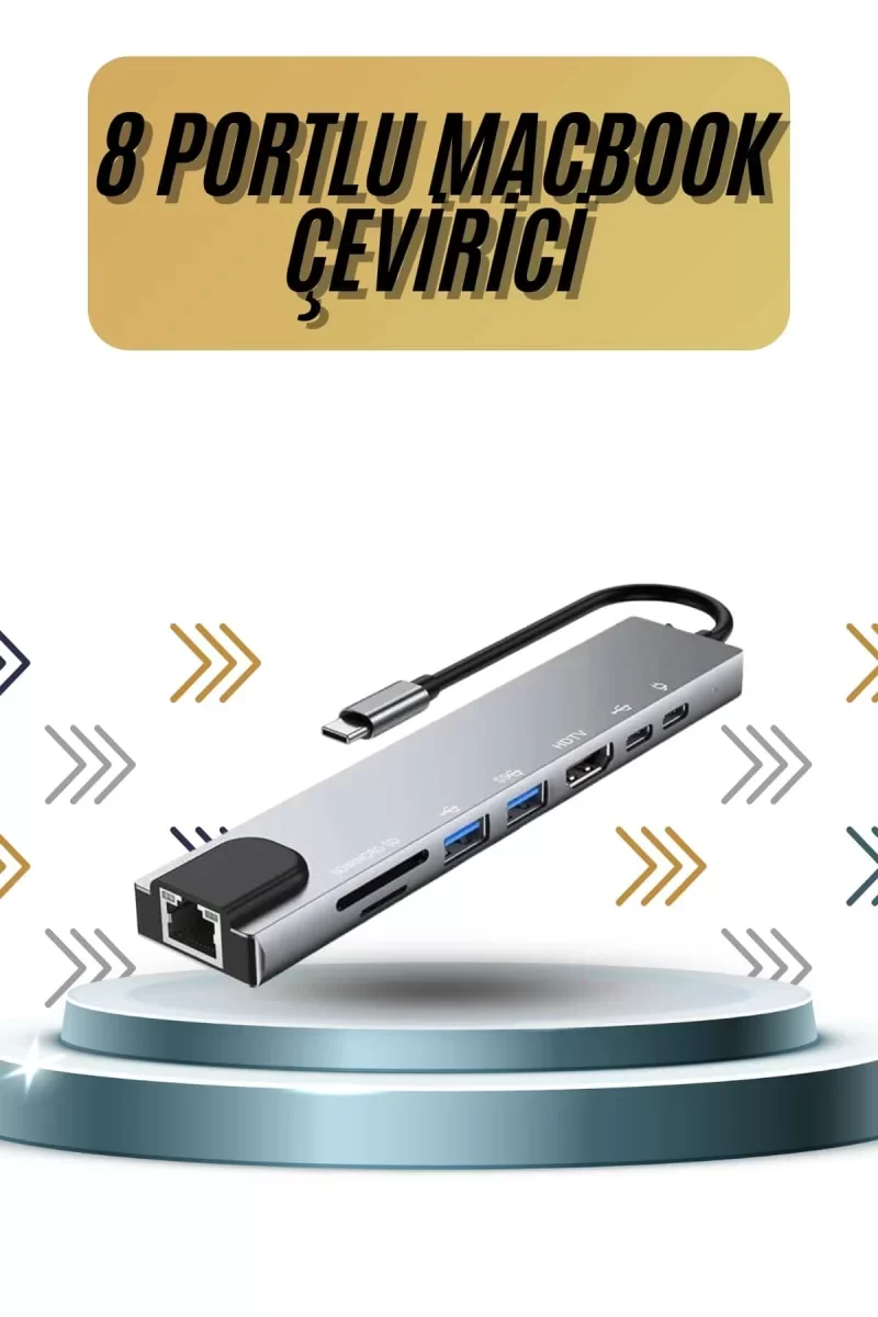 8 Portlu Macbook Çevirici Type C Hub  SD TF USB Çoğaltıcı Etherne