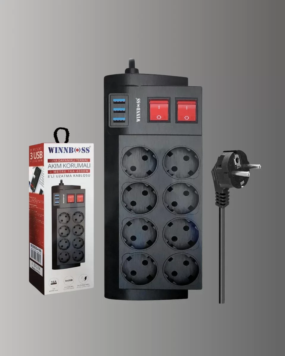 8 Prizli 3 USB Uzatma Kablosu - 4000W Güçlü Termal Korumalı Yeni Nesil Priz