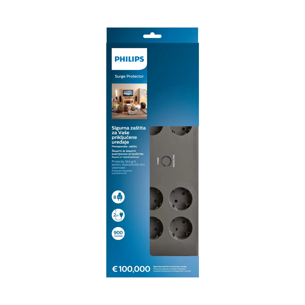 8 Soket Akım Korumalı Priz, Philips SPN3180A/62, 900 Joules Güvenlik ve 2m Kablo