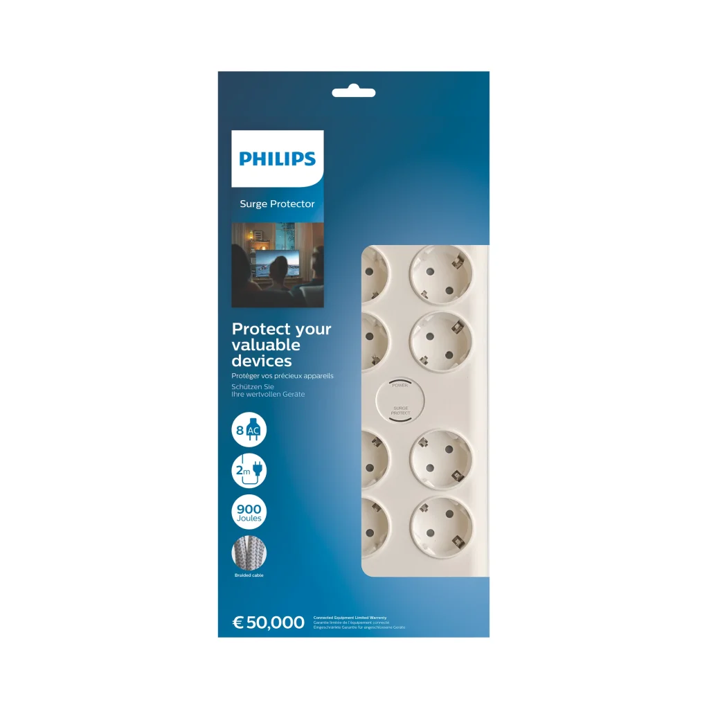 8 Soket Akım Korumalı Priz - Philips SPN7080WA/62 900J 2m Örgülü Kablo