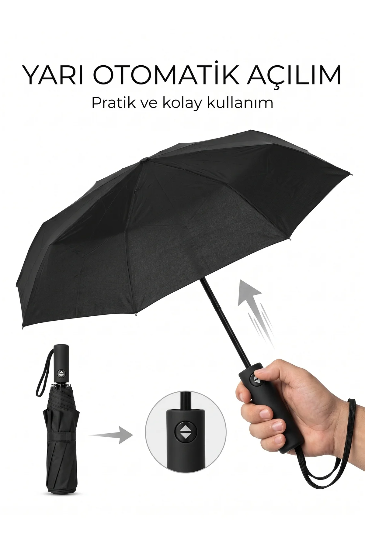 8 Telli Yarı Otomatik Siyah Şemsiye – 96 cm Açık Çap, 32 cm Kompakt Katlanabilir Tasarım 8 Telli Yarı Otomatik Siyah Şemsiye – 96 cm Açık Çap, 32 cm Kompakt Katlanabilir Tasarım