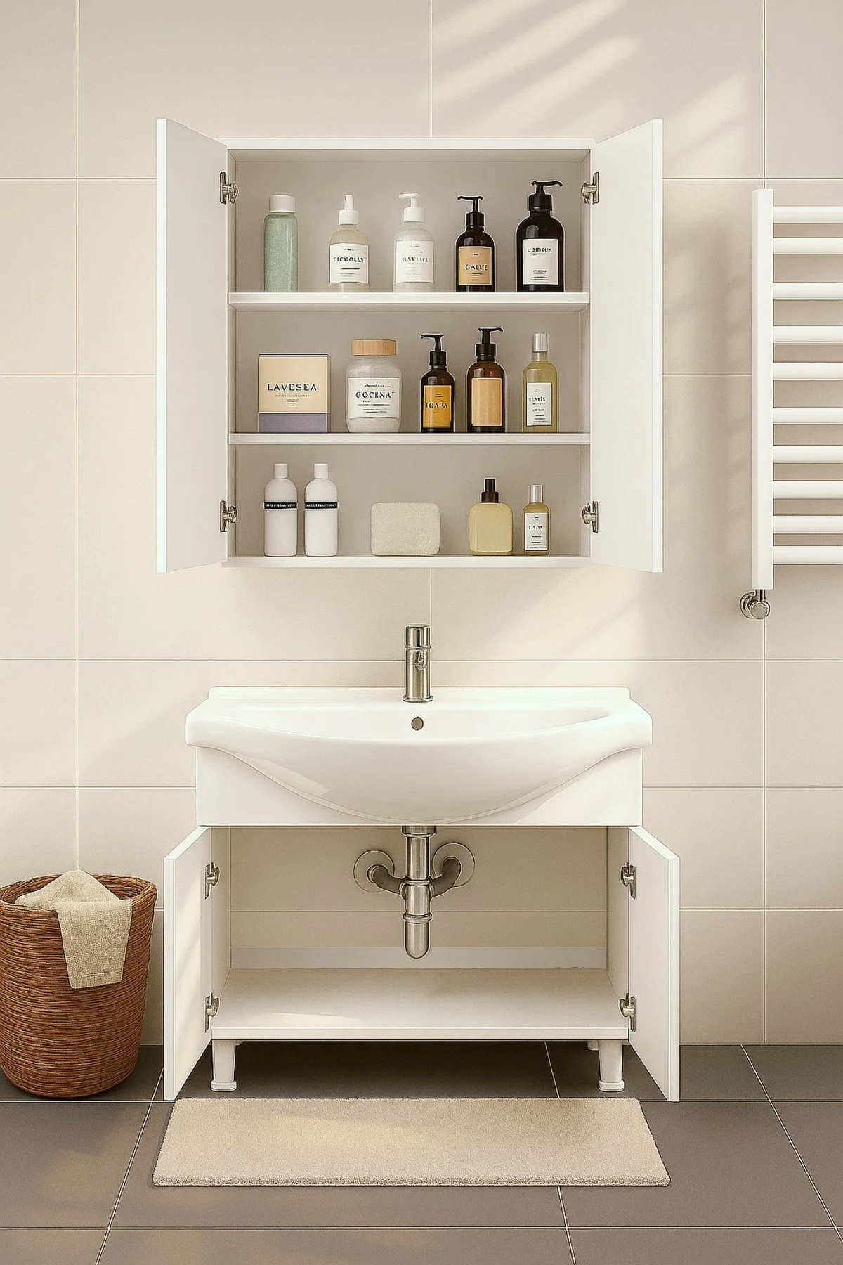 80 cm Beyaz MDF Seramik Lavabolu Ayaklı Aynalı Banyo Dolabı