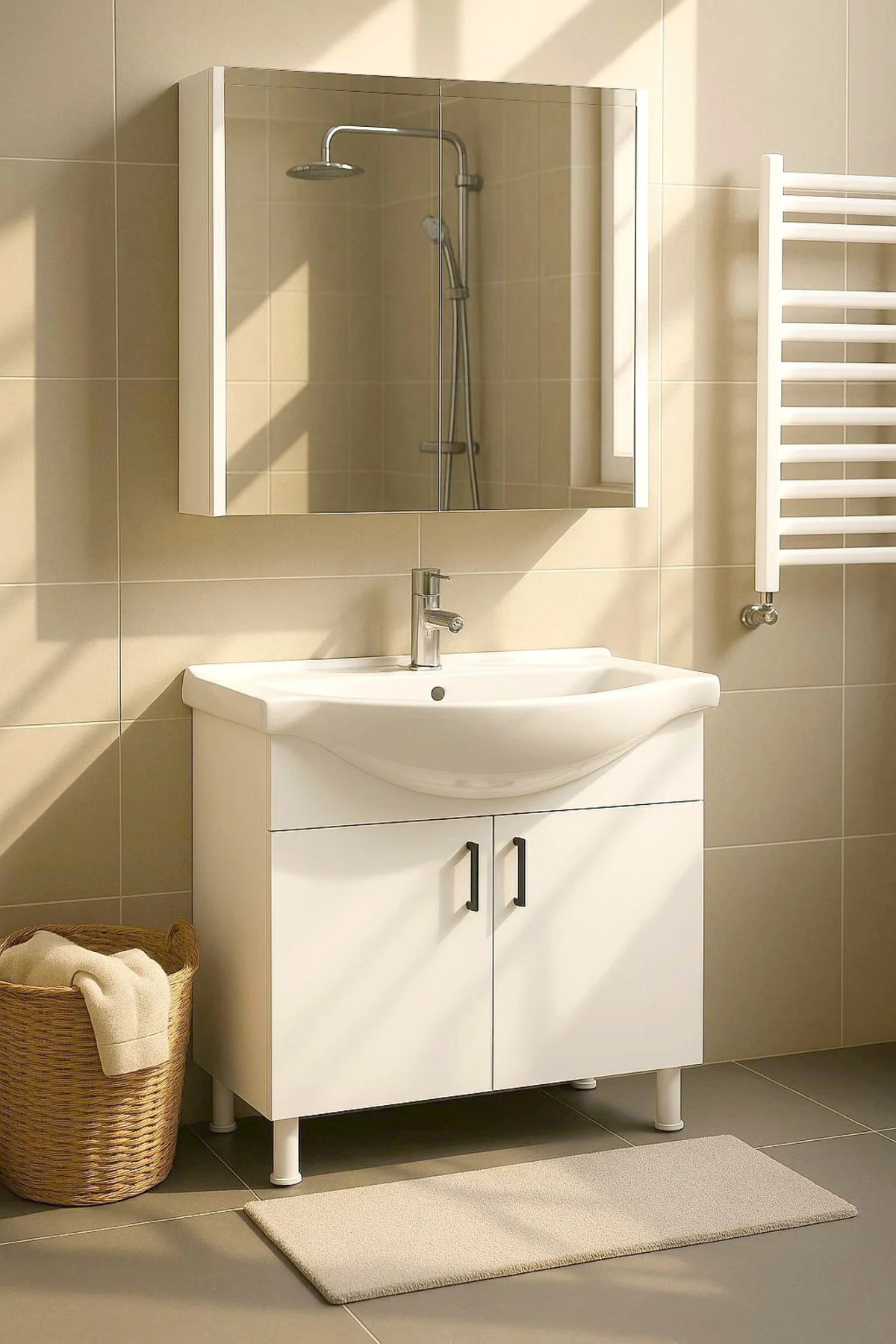 80 cm Beyaz MDF Seramik Lavabolu Ayaklı Aynalı Banyo Dolabı