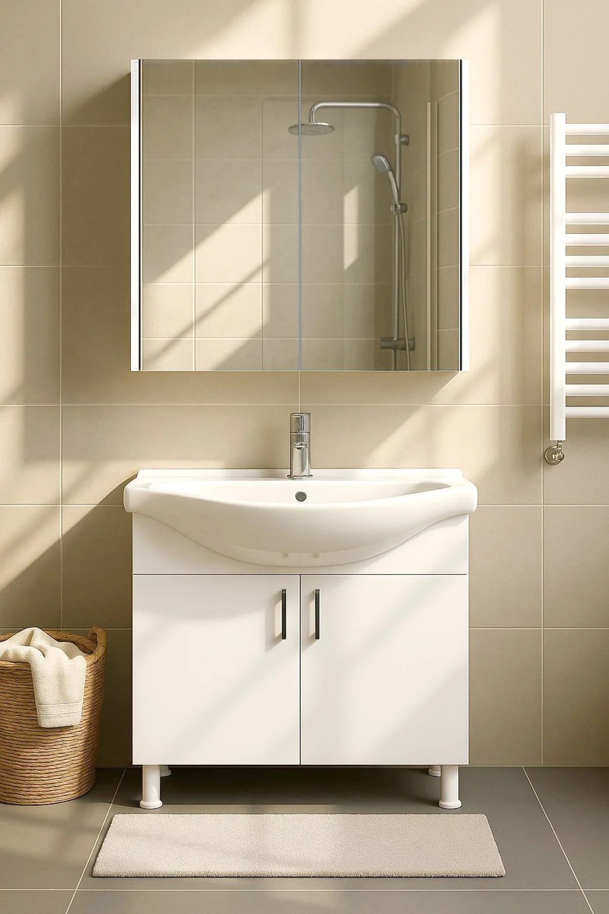 80 cm Beyaz MDF Seramik Lavabolu Ayaklı Aynalı Banyo Dolabı