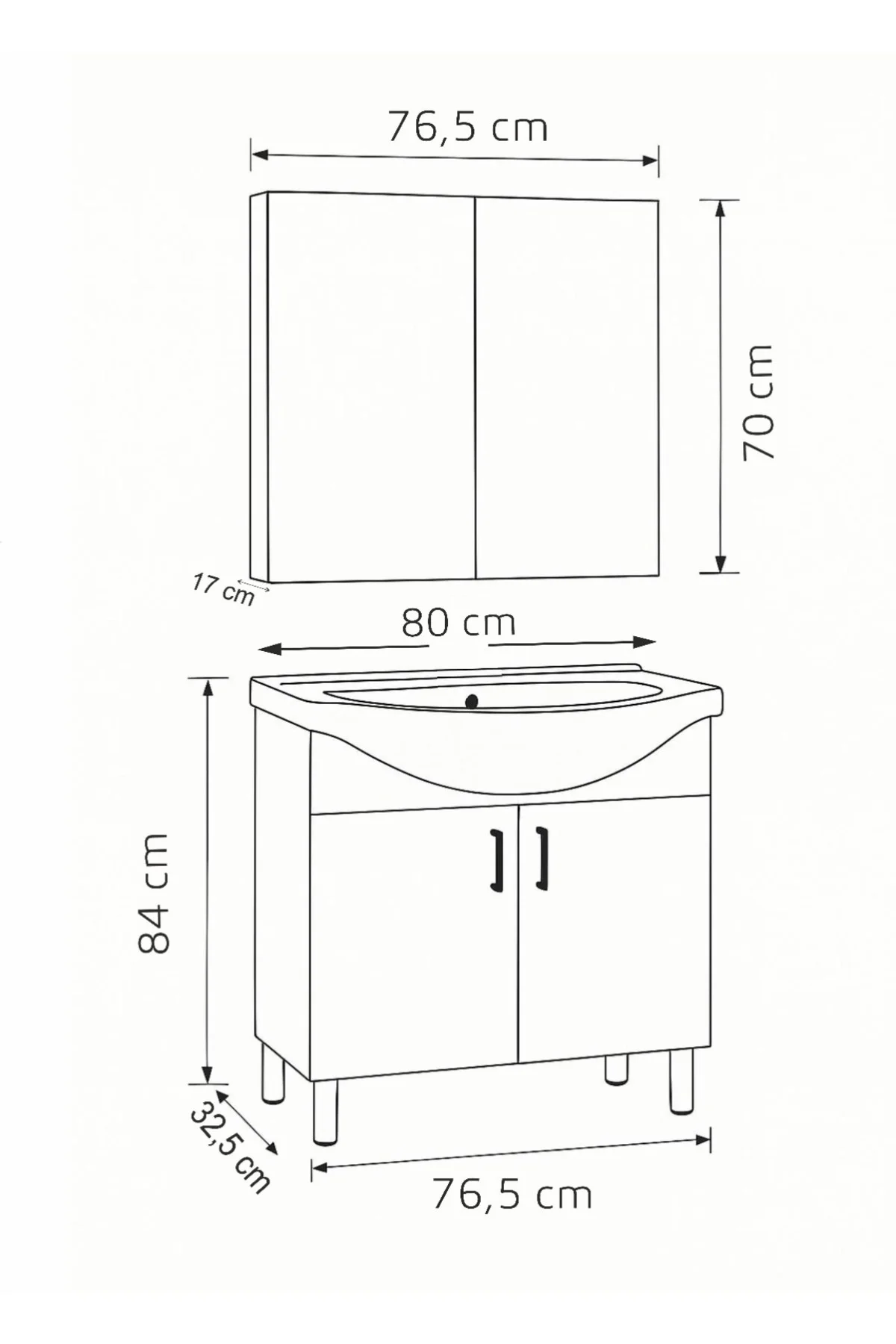 80 cm Beyaz MDF Seramik Lavabolu Ayaklı Aynalı Banyo Dolabı