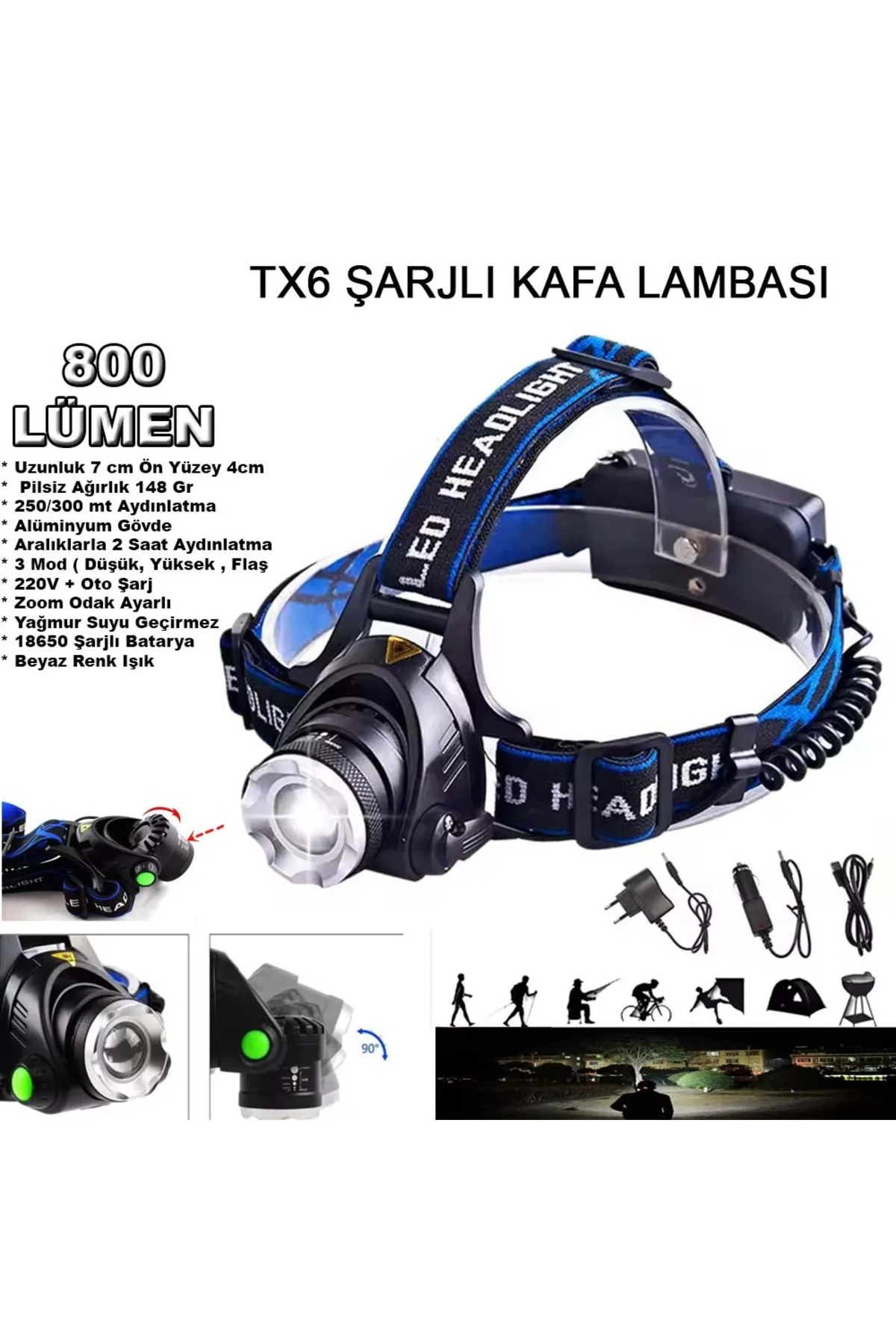 800 Lümen Tx6 Şarjlı Zoomlu Kafa Feneri Wt-120 Siyah