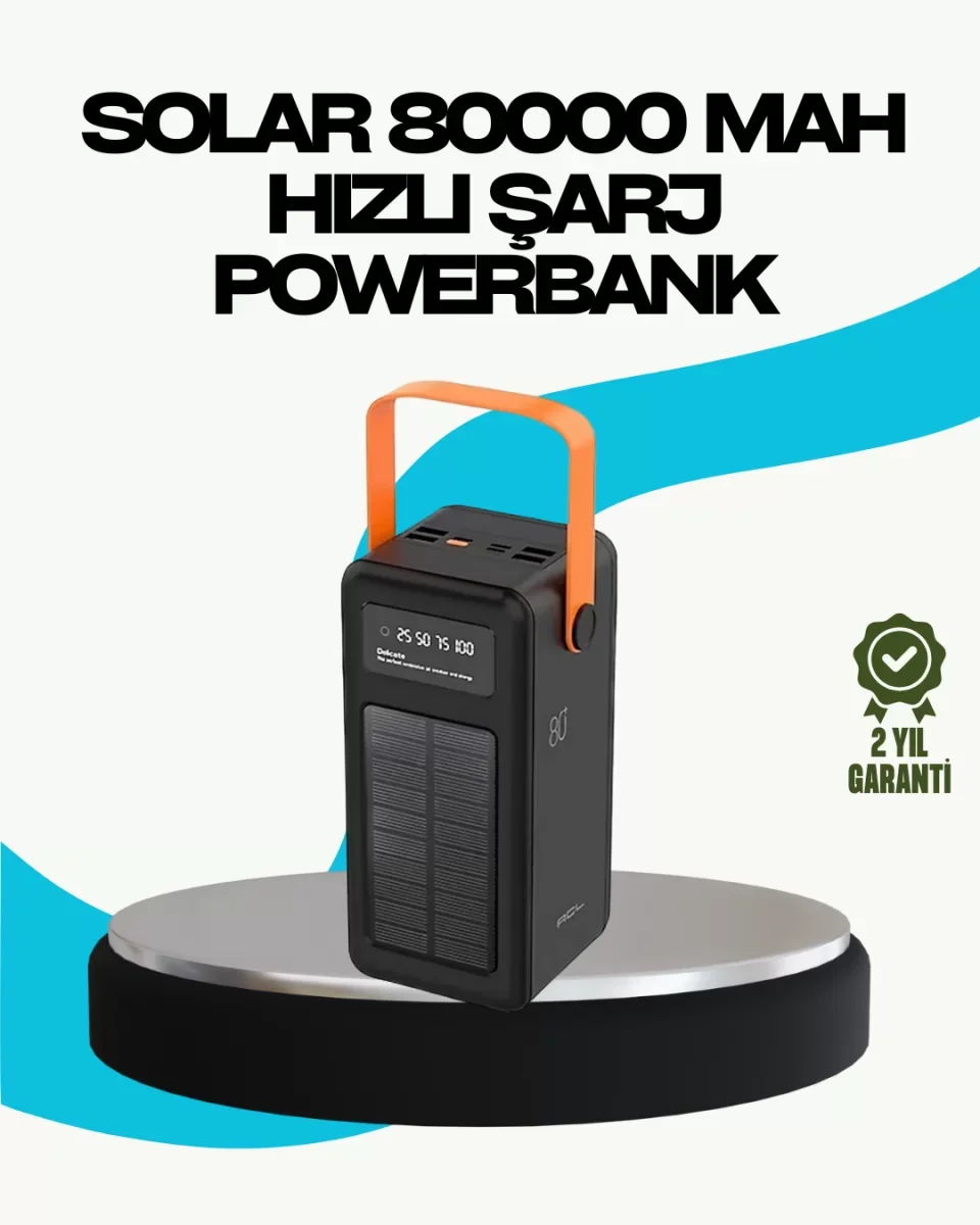 80000 mAh Güneş Enerjili Powerbank 4 Kablolu Type C Lightning Mic