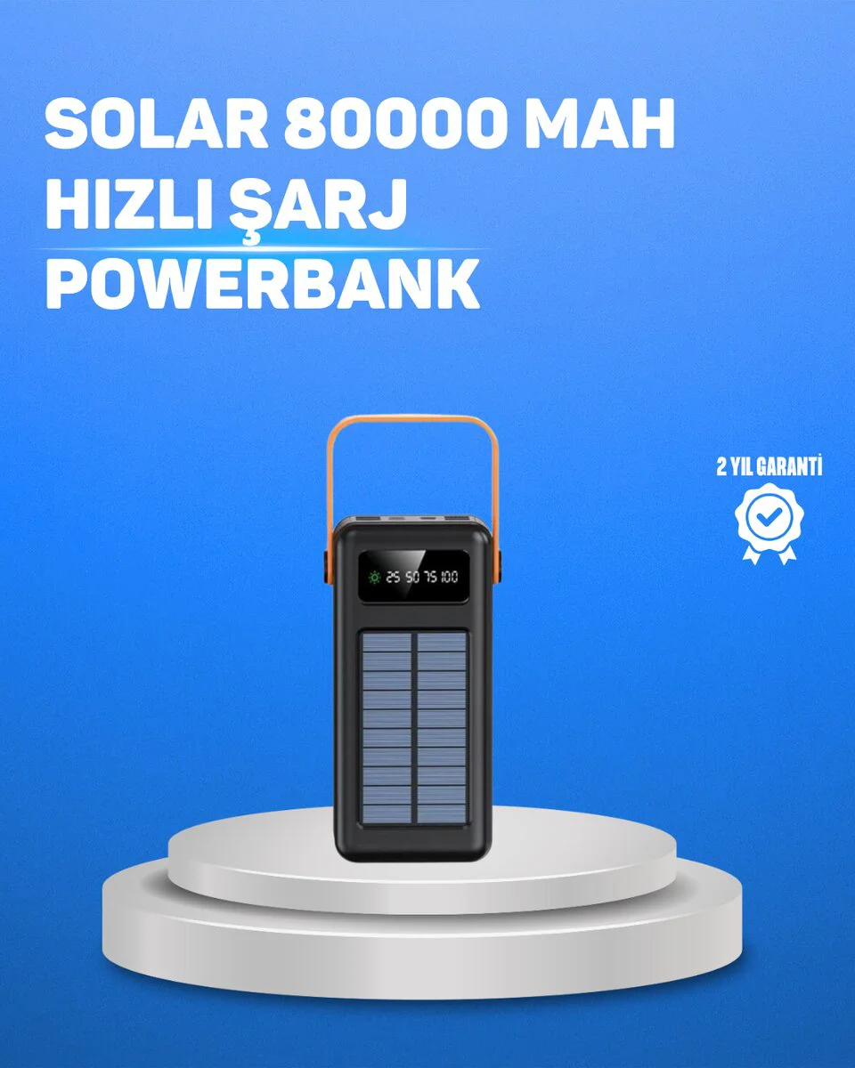 80000 mAh Güneşli Powerbank ve 4 Kablo - Sonsuz Enerji Kaynağı