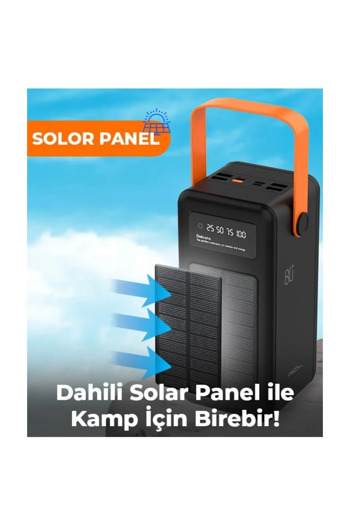 80000 mAh Solar Taşınabilir Şarj Cihazı, Dijital Ekranlı, LED Işı