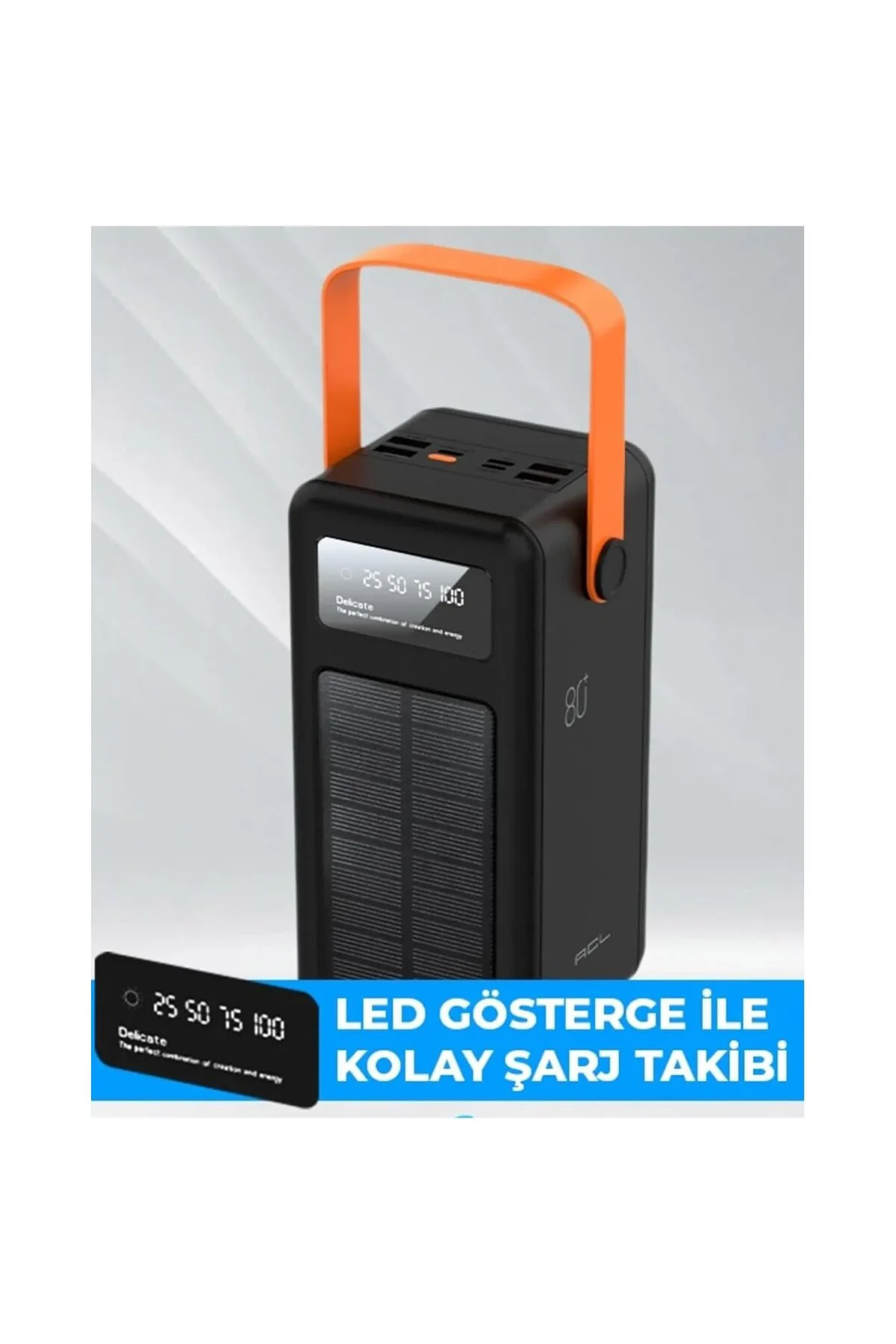 80000 mAh Solar Taşınabilir Şarj Cihazı, Dijital Ekranlı, LED Işı