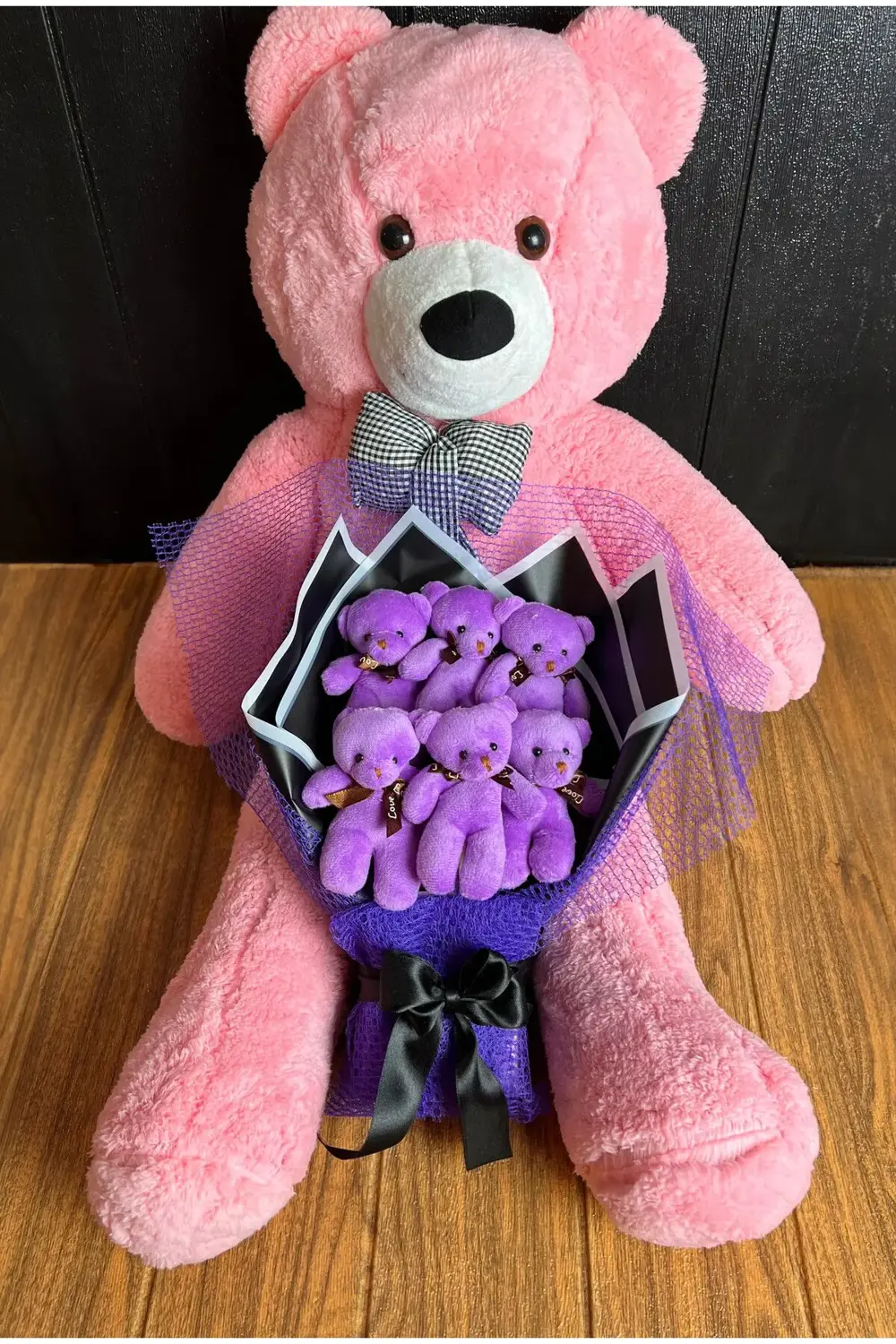 80cm Pembe Ayıcık ve 6lı Mor Ayıcık Buketi - Dogumgunu Hediyesi -