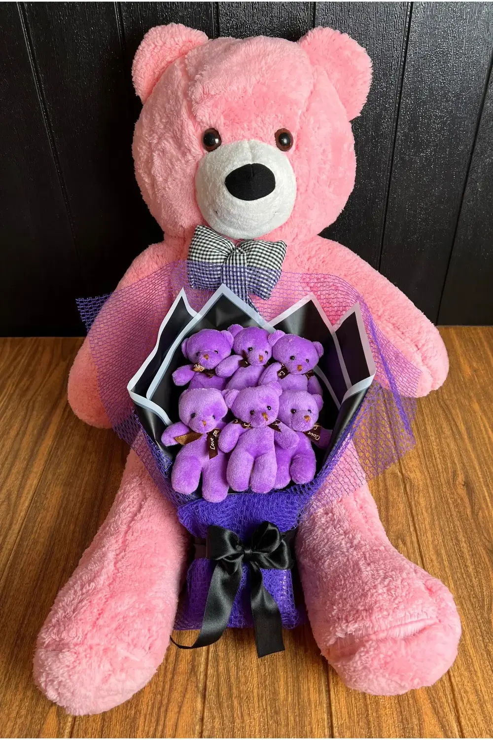 80cm Pembe Ayıcık ve 6lı Mor Ayıcık Buketi - Dogumgunu Hediyesi -