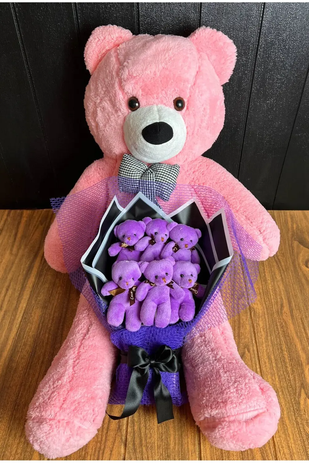 80cm Pembe Ayıcık ve 6lı Mor Ayıcık Buketi - Dogumgunu Hediyesi -