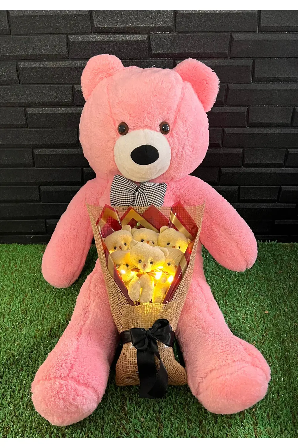 80cm Pembe Ayıcık ve Ledli Ayıcık Buketi Hediye Sepeti - Sevgiliy