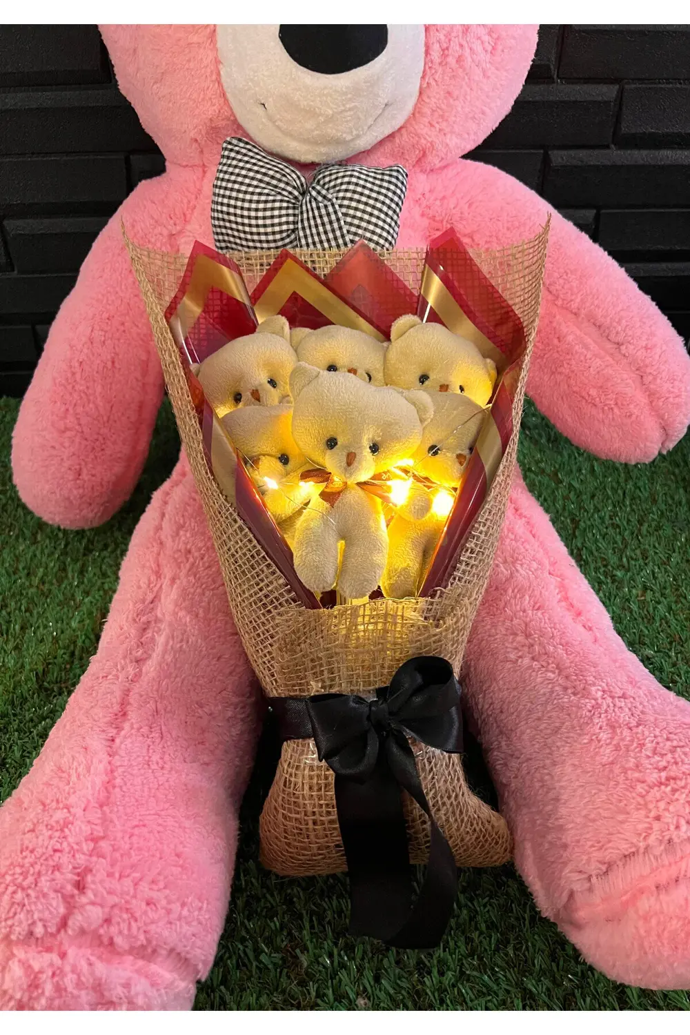 80cm Pembe Ayıcık ve Ledli Ayıcık Buketi Hediye Sepeti - Sevgiliy