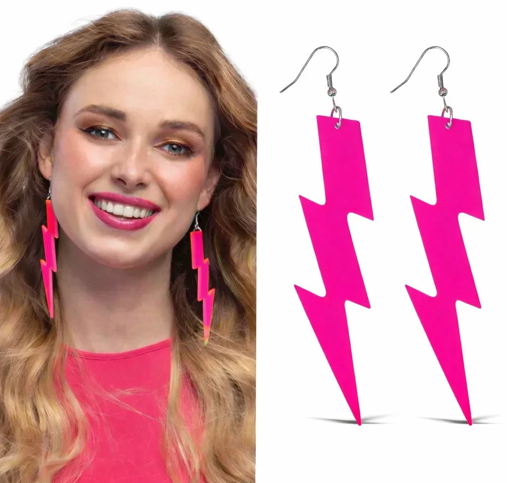 80’ler 90'lar Retro Neon Pembe Şimşek Küpe 10 Cm