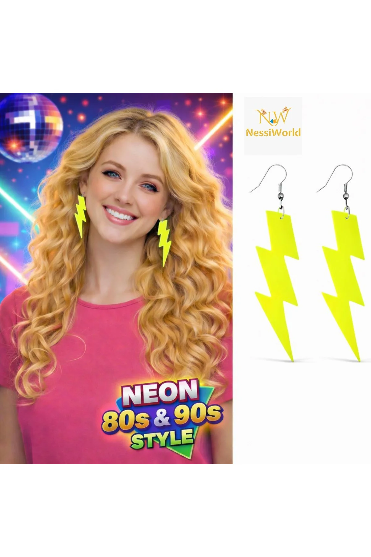 80’ler 90'lar Retro Neon Sarı Şimşek Küpe 10 cm