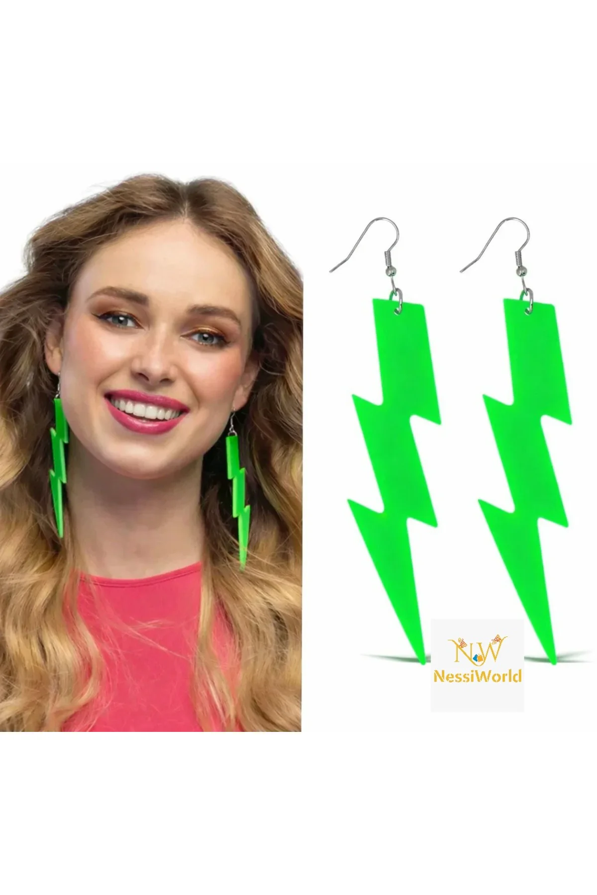 80’ler 90'lar Retro Neon Yeşil Şimşek Küpe 10 cm