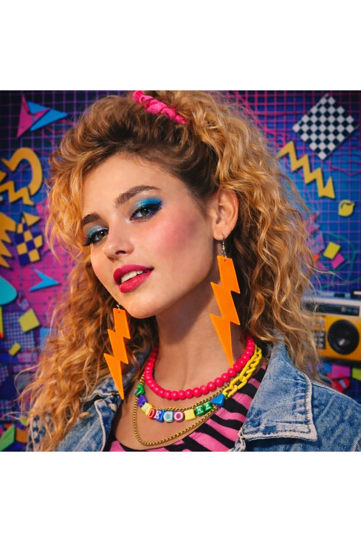 80’Ler 90'Lar Retro Neon Turuncu Şimşek Küpe 10 Cm - Görsel 4
