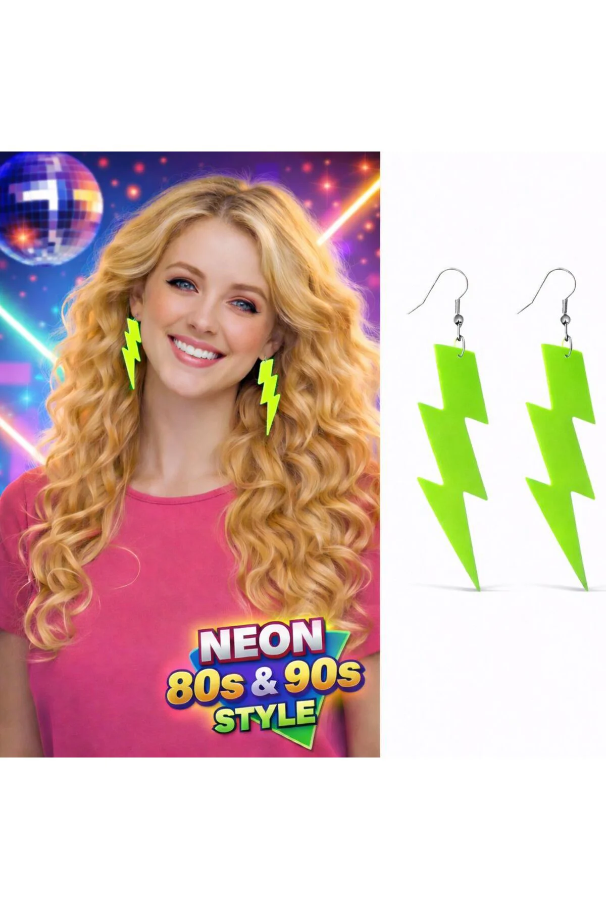 80’Ler 90&Amp;#39;Lar Neon Yeşil Şimşek Küpe 10 Cm
