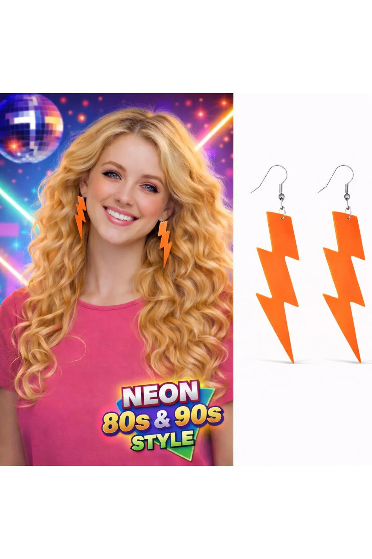 80’ler 90&amp;#39;lar Retro Neon Tcu Şimşek Küpe 10 cm