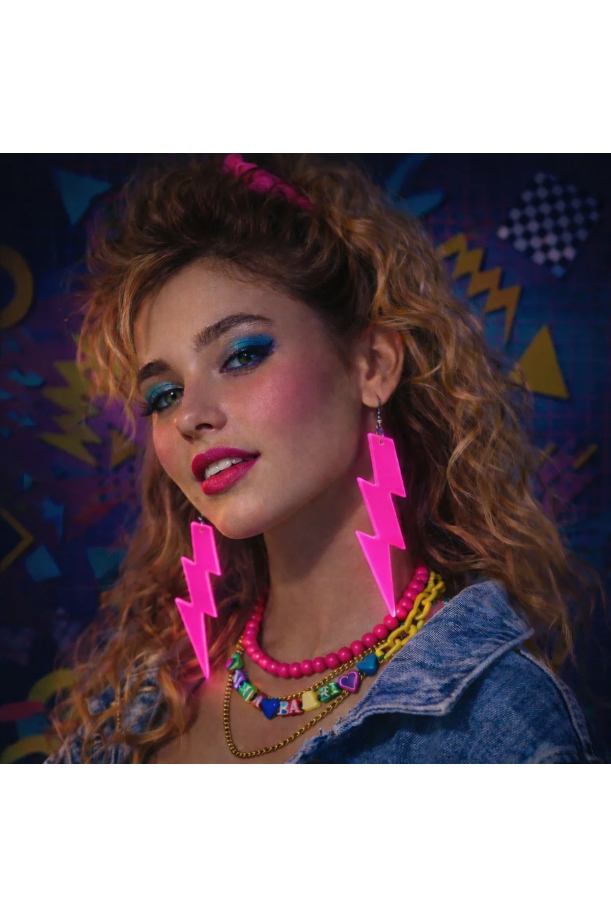 80’ler 90&amp;#39;lar Retro Neon Pembe Şimşek Küpe 10 cm