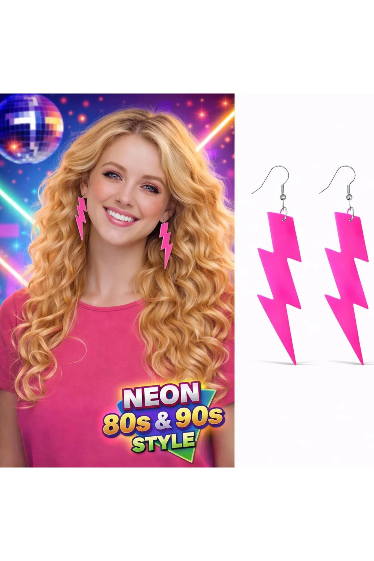 80’ler 90'lar Retro Neon Pembe Şimşek Küpe 10 cm 80’ler 90'lar Retro Neon Pembe Şimşek Küpe 10 cm