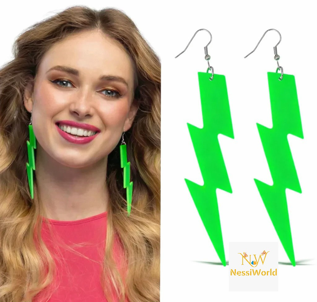 80’ler 90&amp;#39;lar Retro Neon Yeşil Şimşek Küpe 10 cm