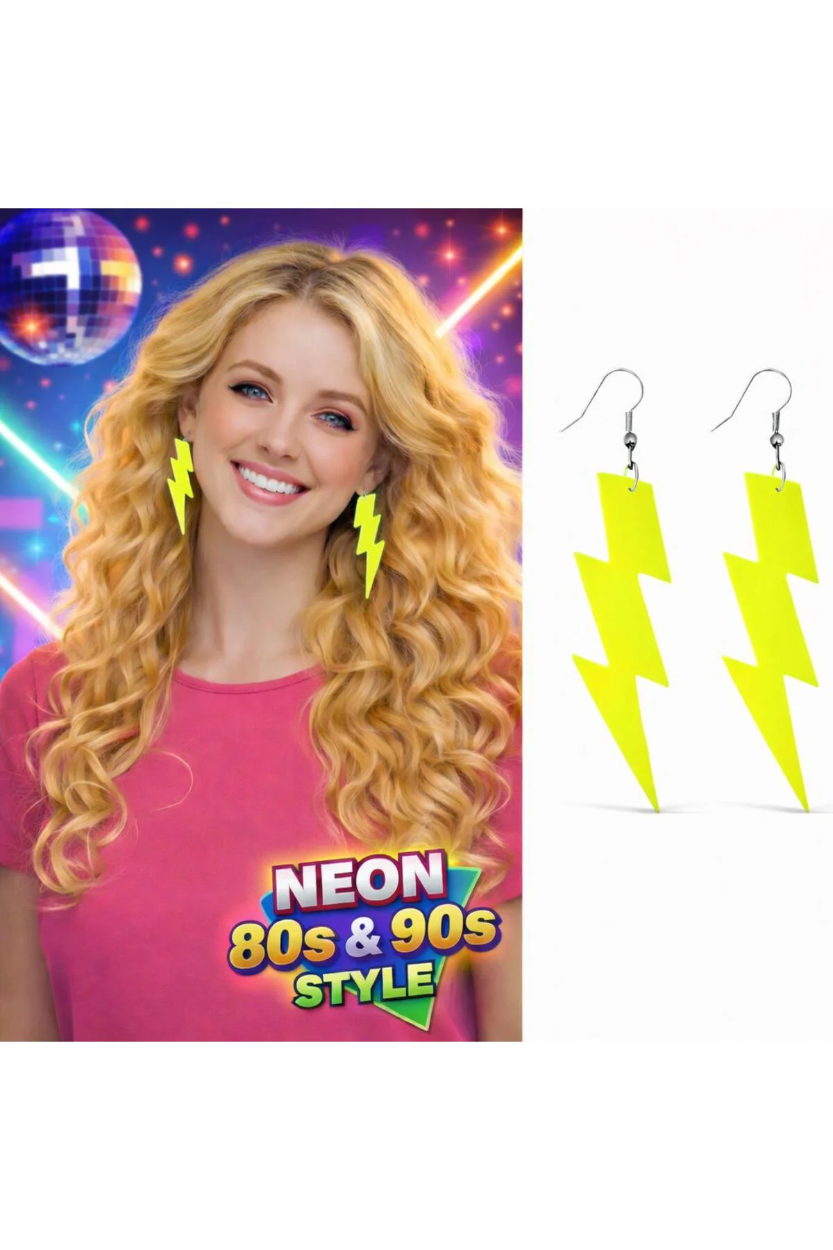 80’ler 90&amp;#39;lar Retro Neon Sarı Şimşek Küpe 10 cm