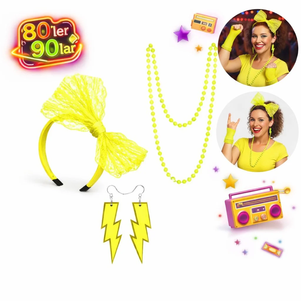 80'ler 90'lar Neon Parti Seti – Kolye Küpe Taç | Retro Aksesuar
