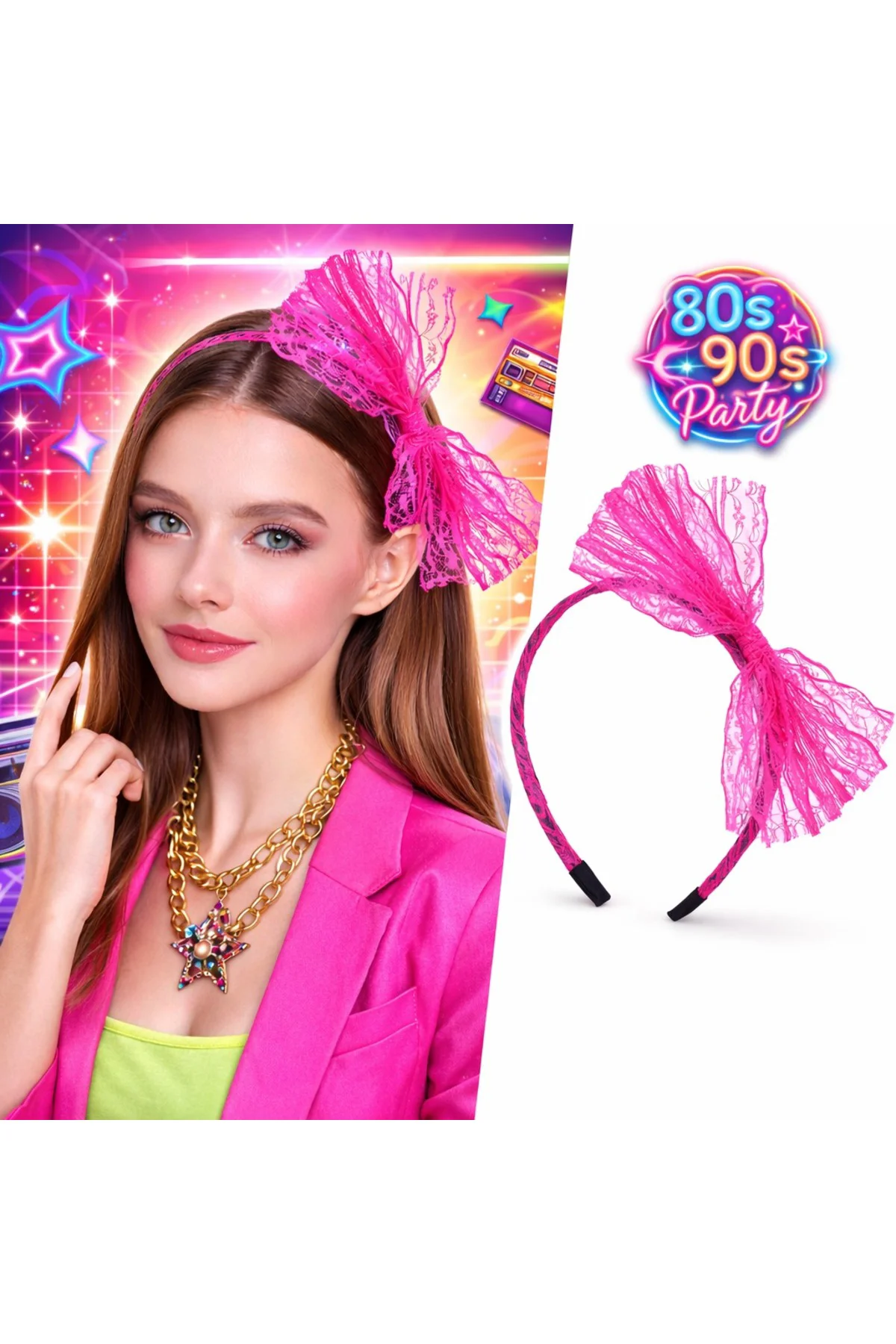 80’ler 90’lar Neon Pembe Dantel Taç Fiyonklu