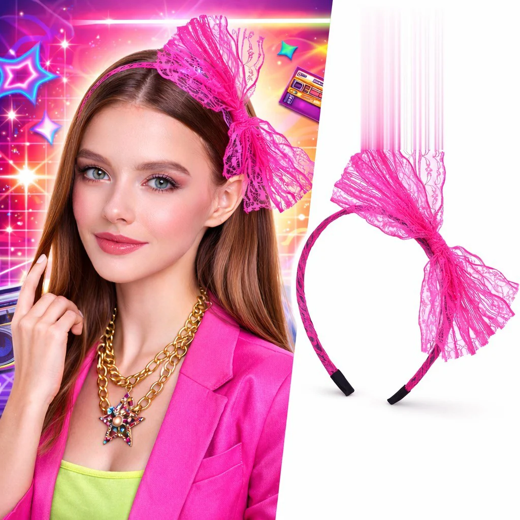 80’ler 90’lar Neon Pembe Dantel Taç Fiyonklu 80’ler 90’lar Neon Pembe Dantel Taç Fiyonklu