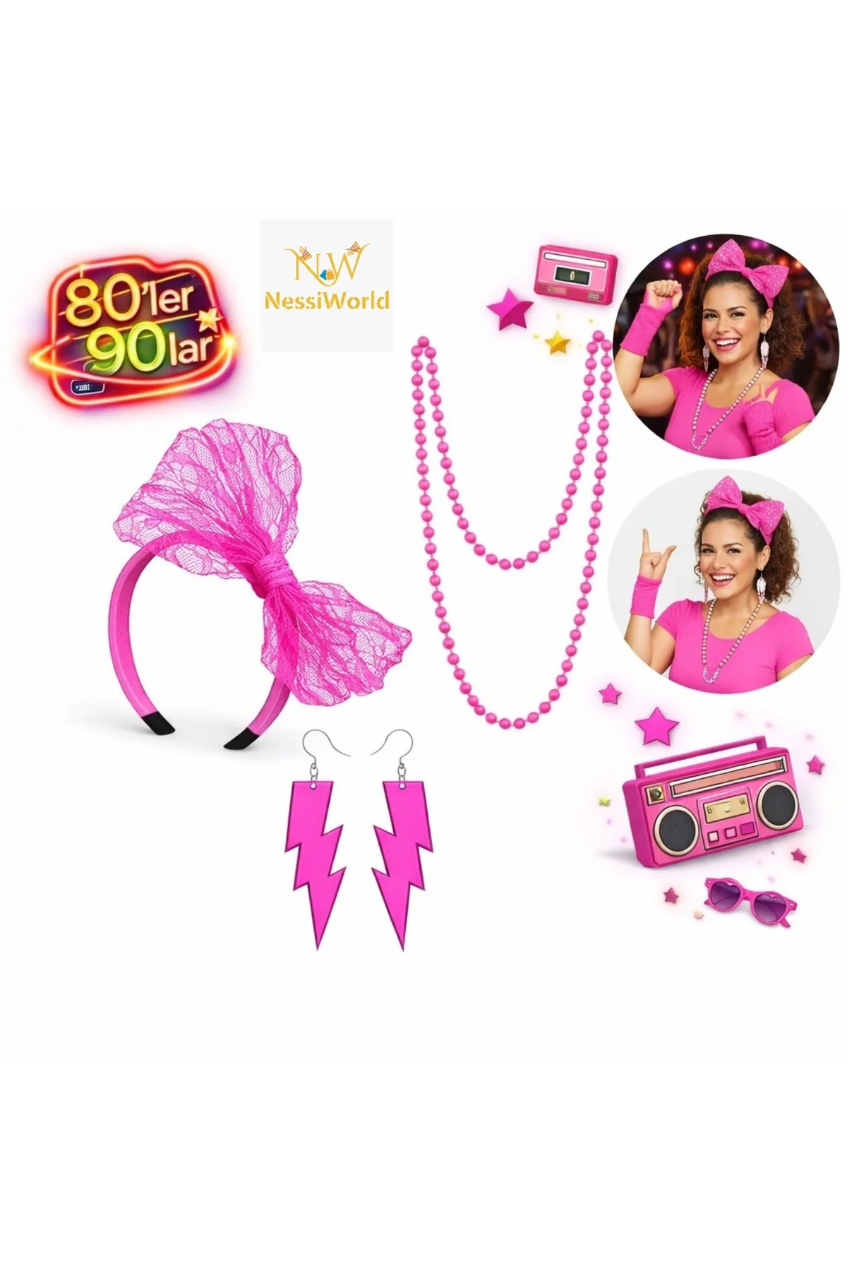 80’ler 90’lar Neon Pembe Parti Seti – Kolye Küpe Taç