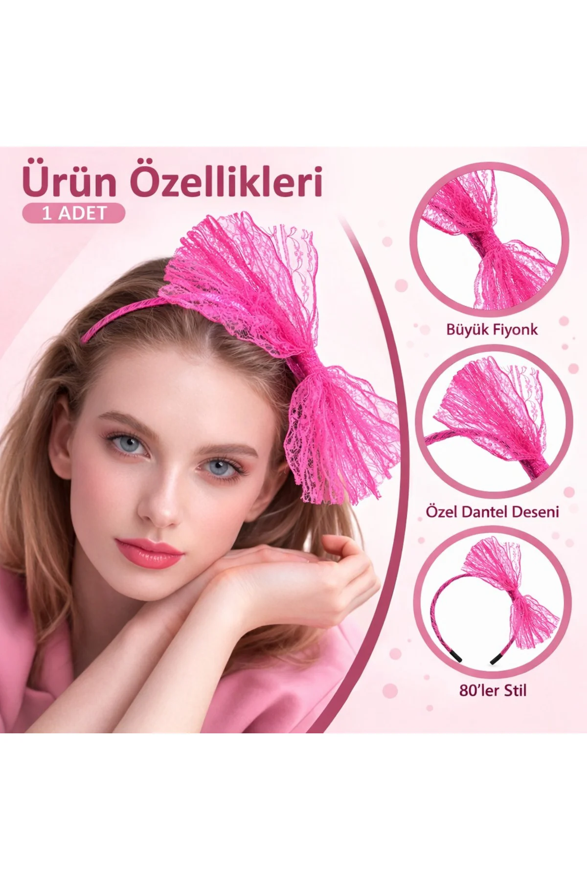 80’ler 90’lar Neon Pembe Dantel Taç Fiyonklu